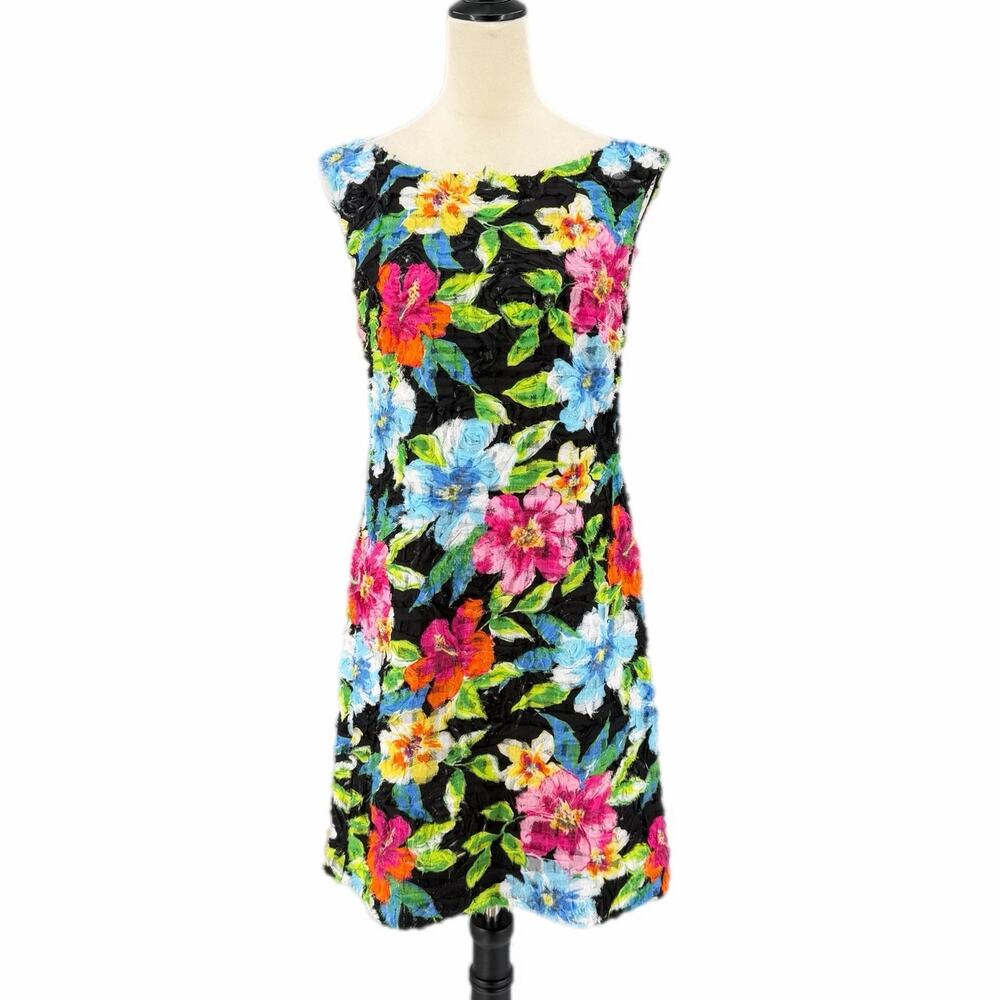 Worth New York Textured Vibrant Floral Black Sleeveless Shift Knee Length Dress